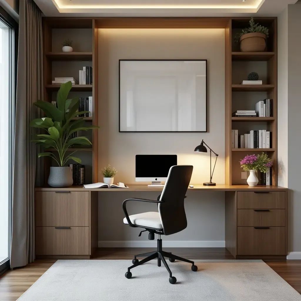 a photo of a sophisticated home office featuring ergonomic furniture and modern decor