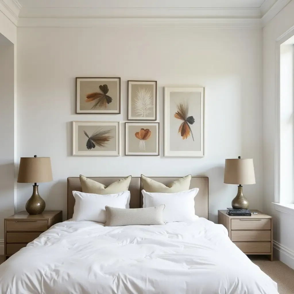 a photo of a gallery wall featuring abstract art above a bed