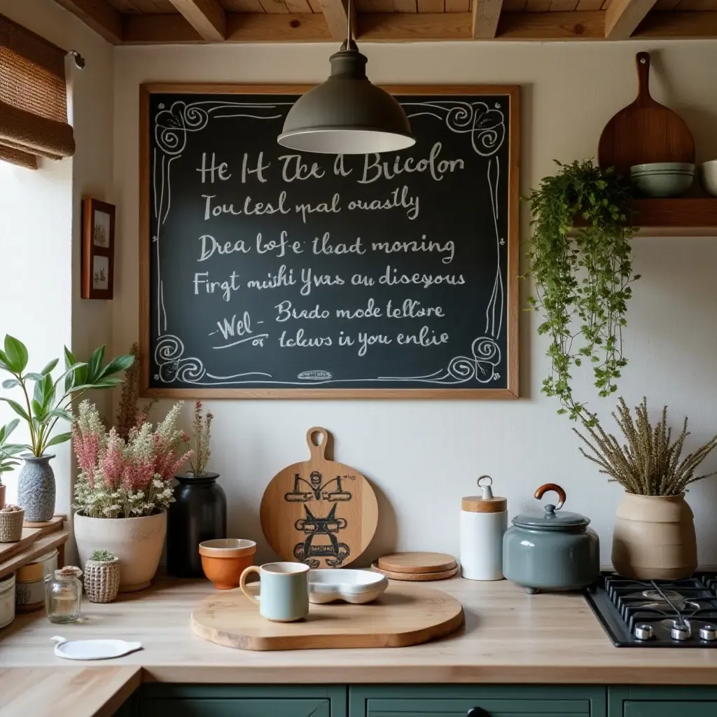 a photo of a bohemian kitchen with chalkboard decorations and eclectic decor items