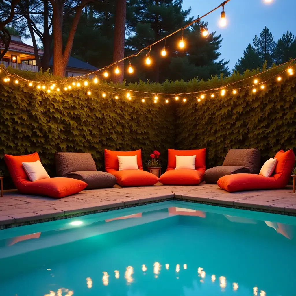 a photo of a colorful poolside lounge with bean bags and string lights