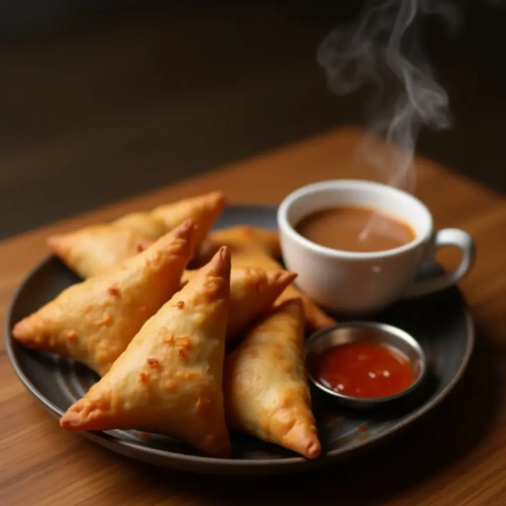 a photo of crispy samosas with chutney, paired with steaming chai on a wooden table.