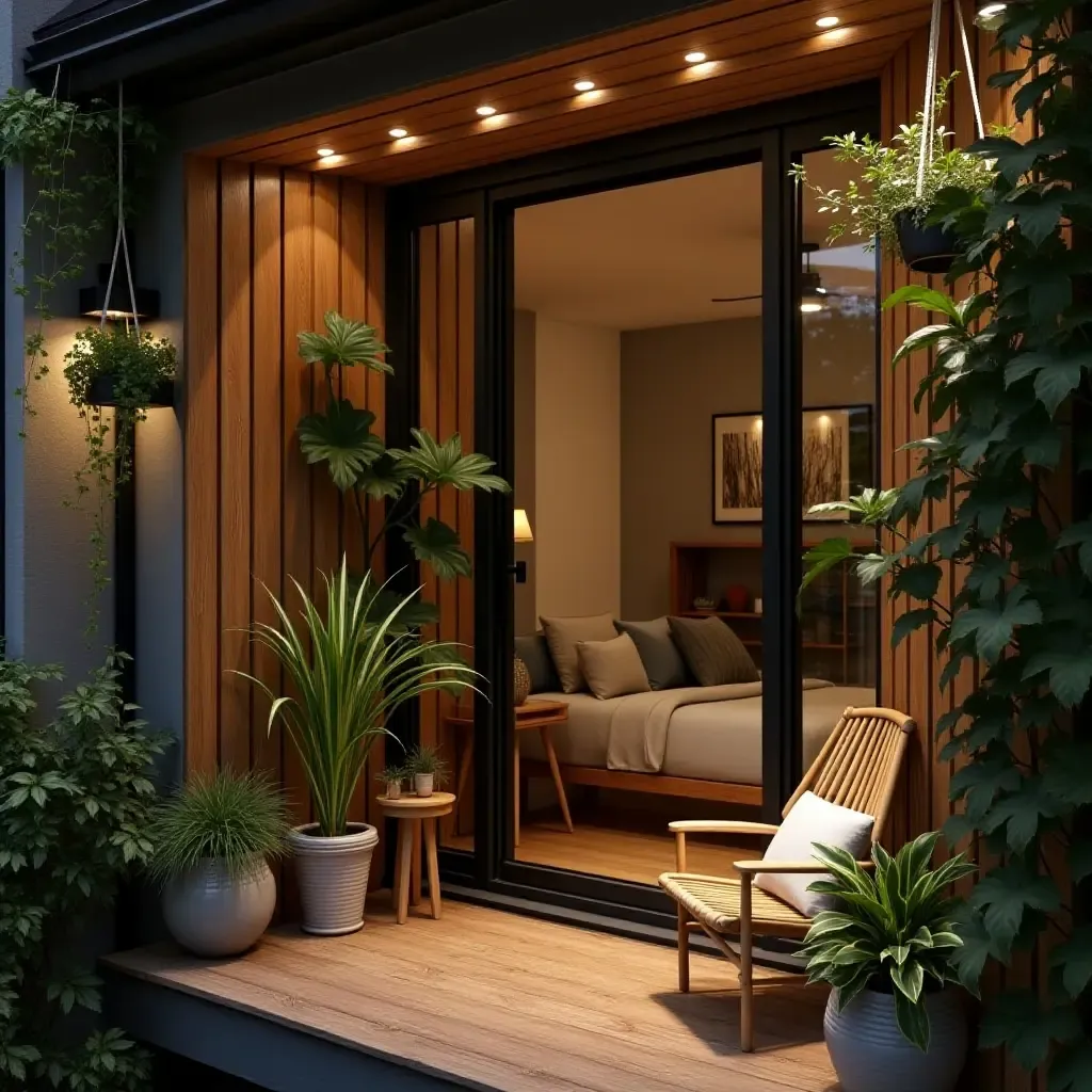 a photo of a balcony featuring reclaimed wood accents and hanging plants