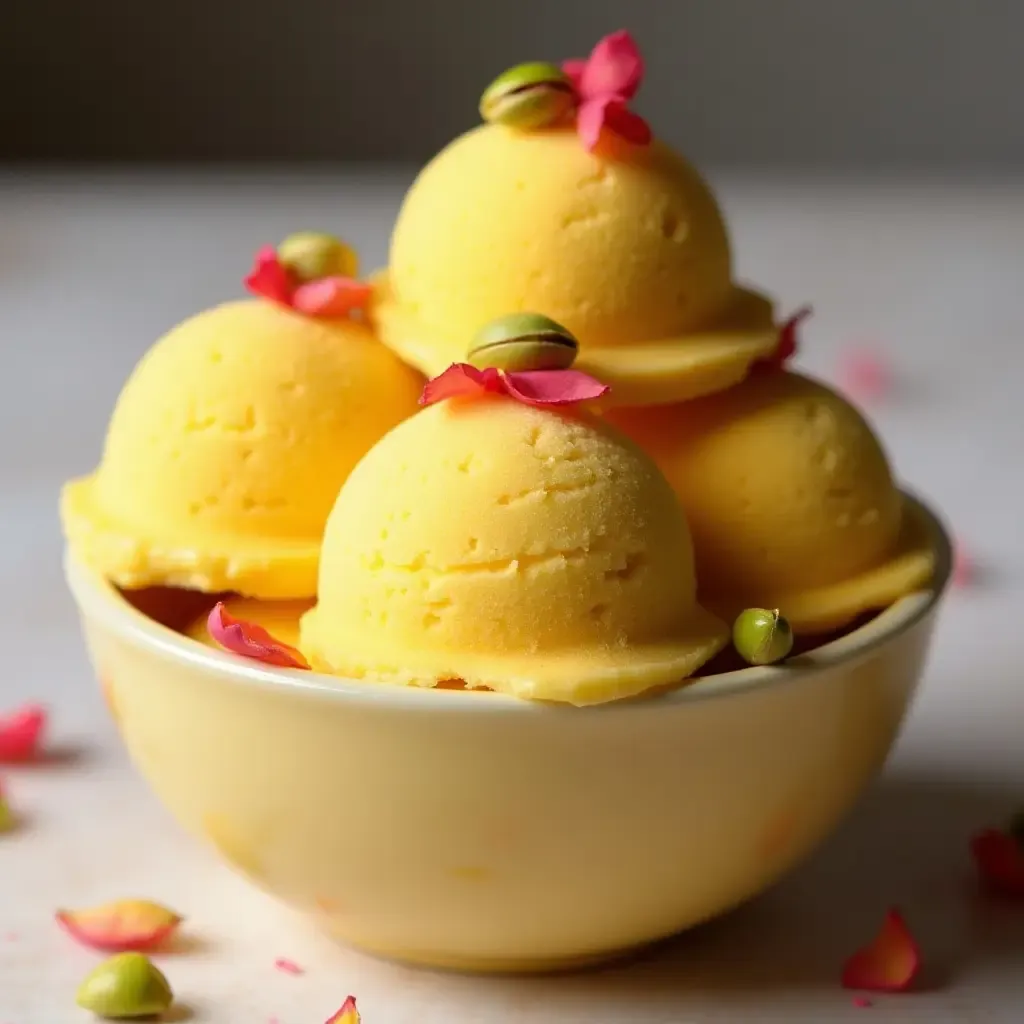 a photo of saffron-flavored ice cream with pistachios and rose petals.