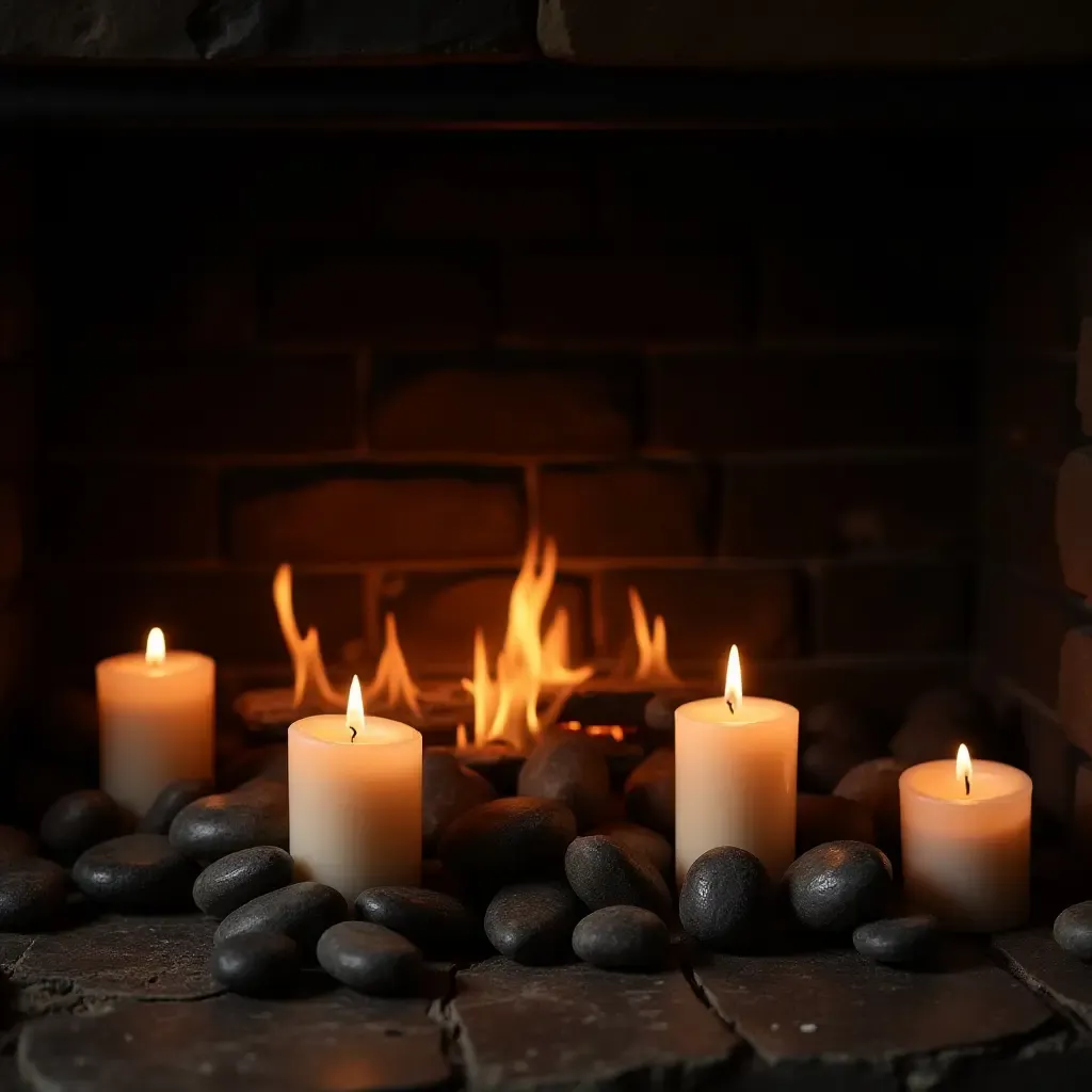 a photo of a cozy fireplace with dark stones and candles