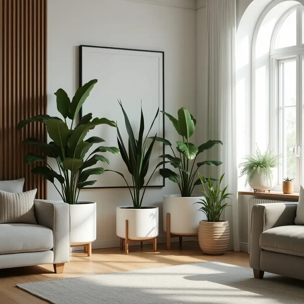 a photo of a living room with a unique planter design