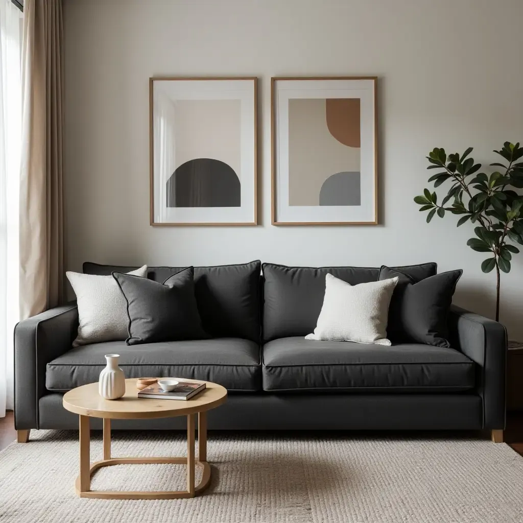 a photo of a contemporary living room showcasing a dark grey couch and geometric decor