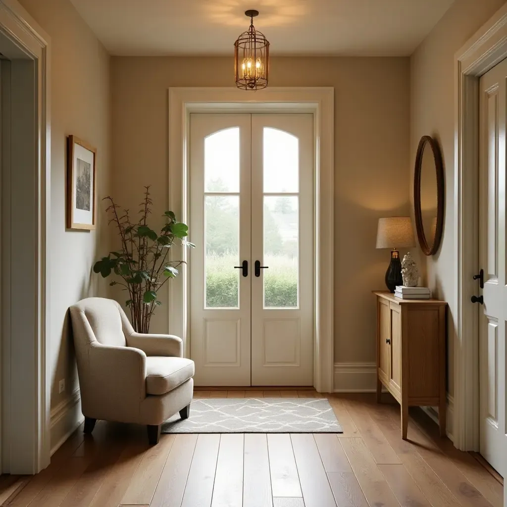 a photo of a warm entrance hall with a cozy chair and welcoming decor