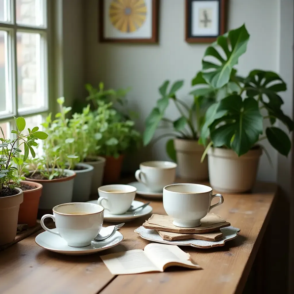 a photo of a charming space with a collection of teacups and plants