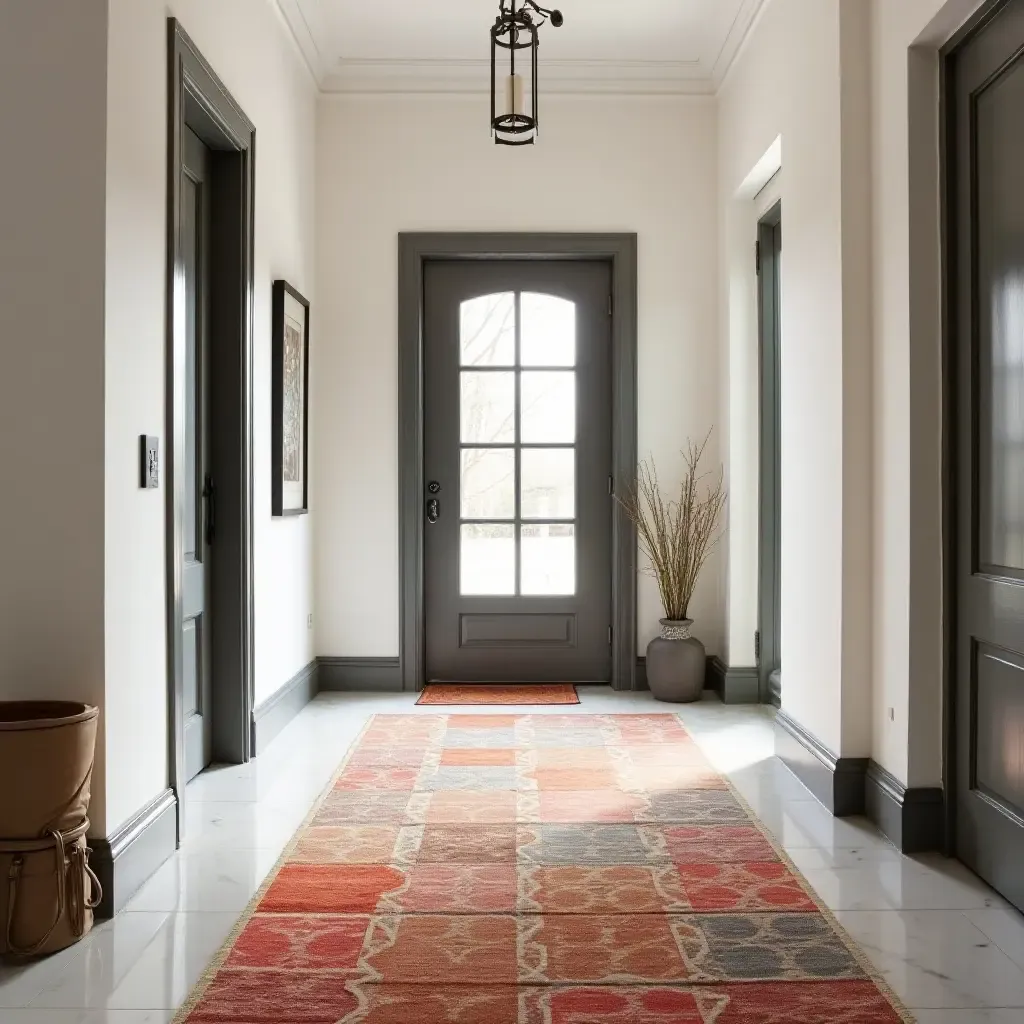 a photo of a geometric patterned rug with vibrant colors in an entrance hall