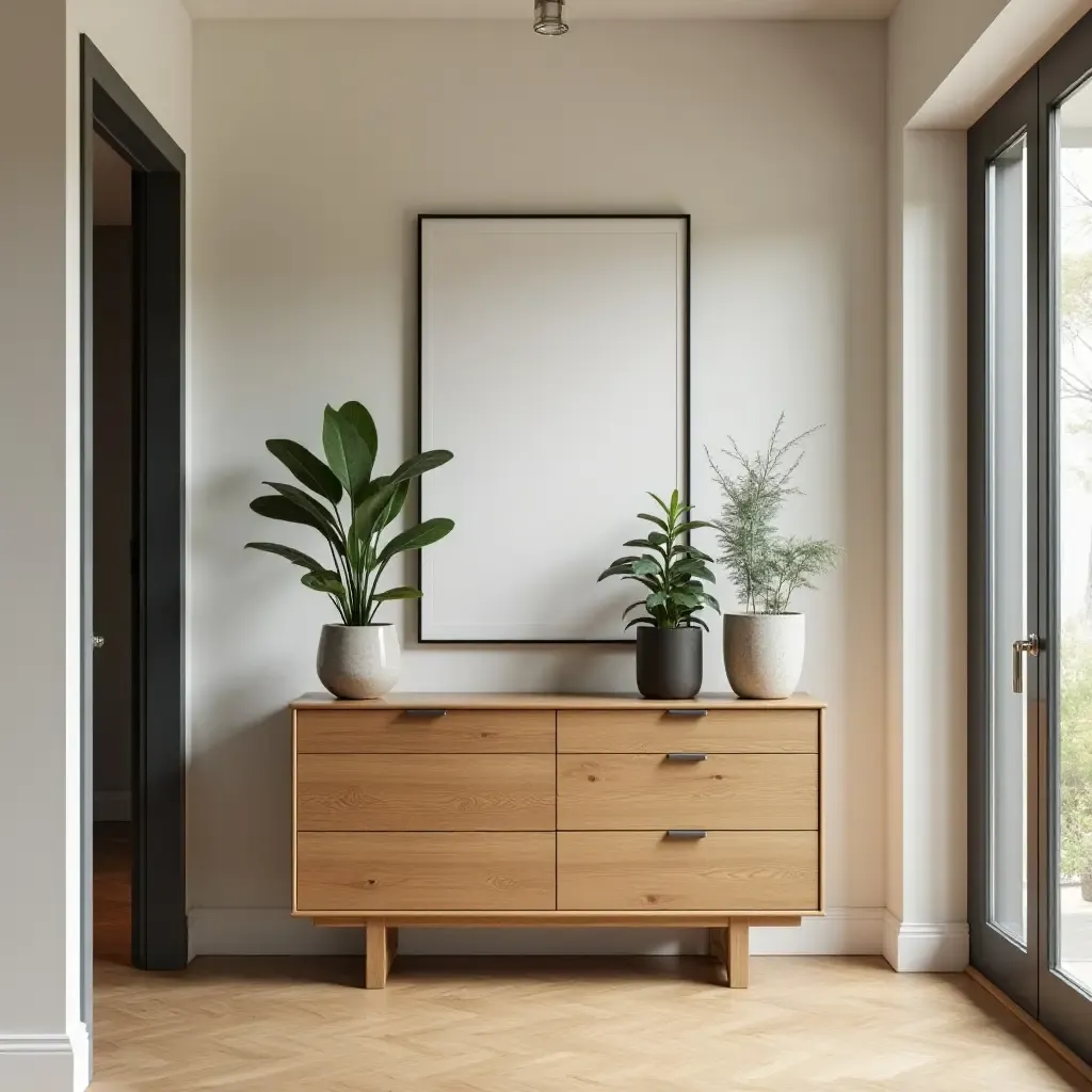 a photo of a wooden entry table with plants in a corridor