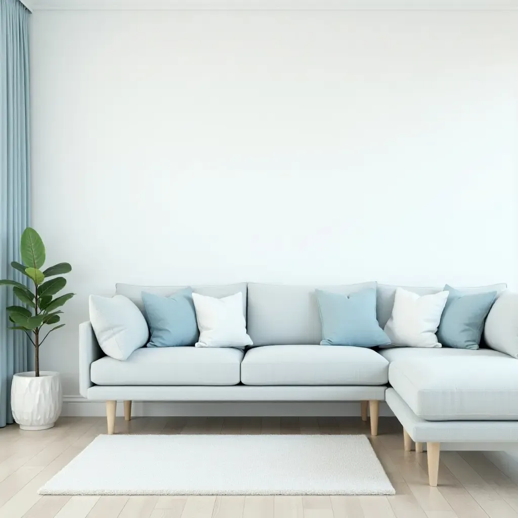 a photo of a calming living room featuring soft blue and white