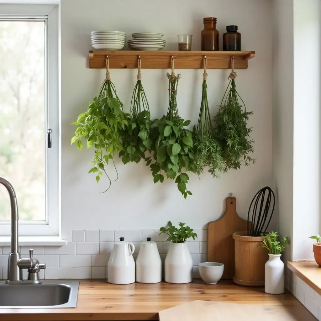 a photo of a small kitchen with a homemade herb drying rack