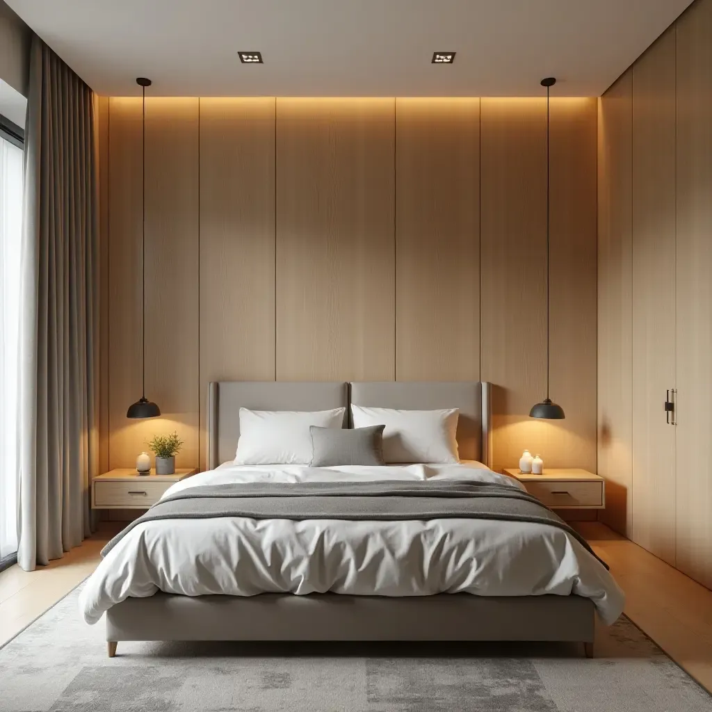 a photo of a sleek Scandinavian bedroom featuring natural wood and soft lighting