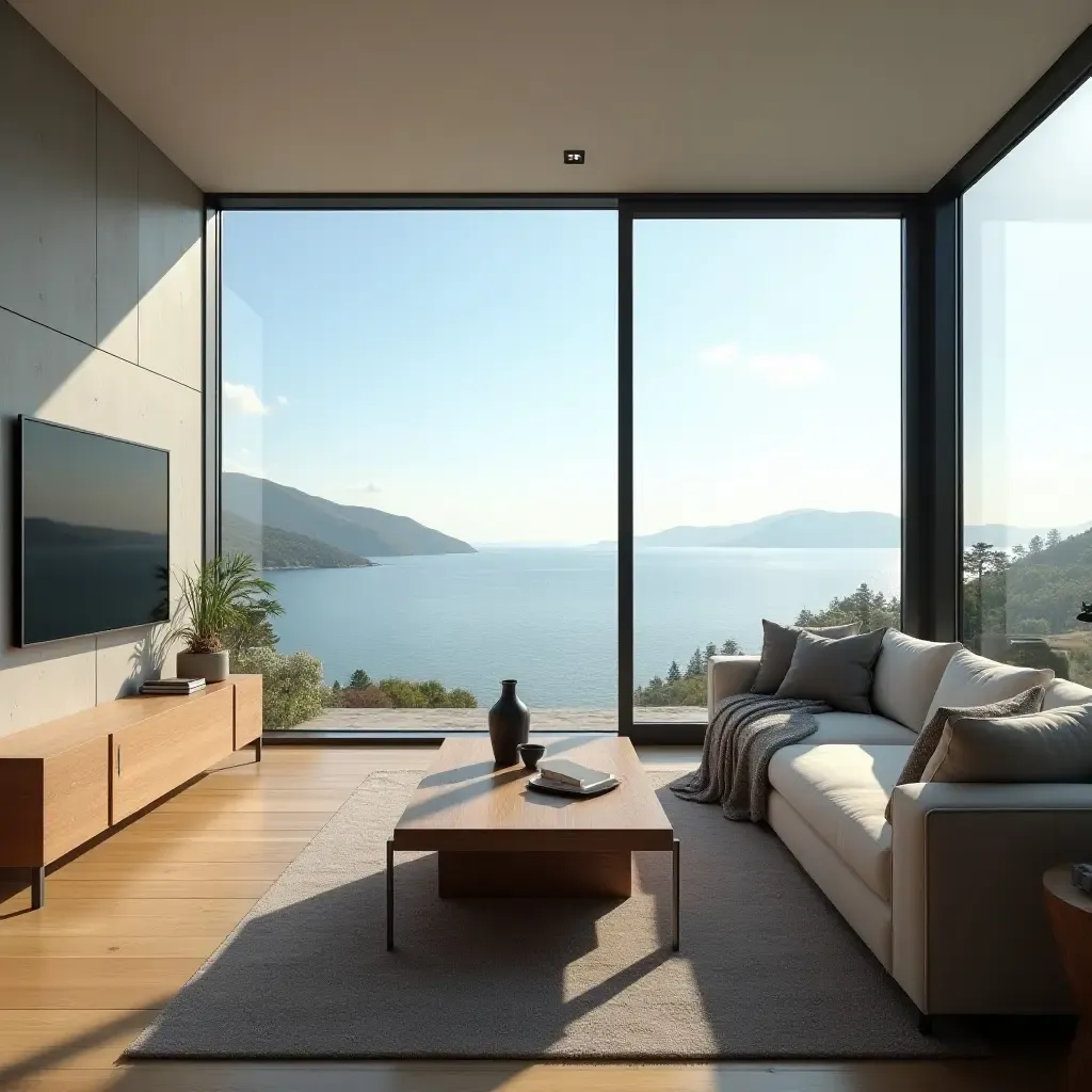 a photo of a living room with a large window and a sea view