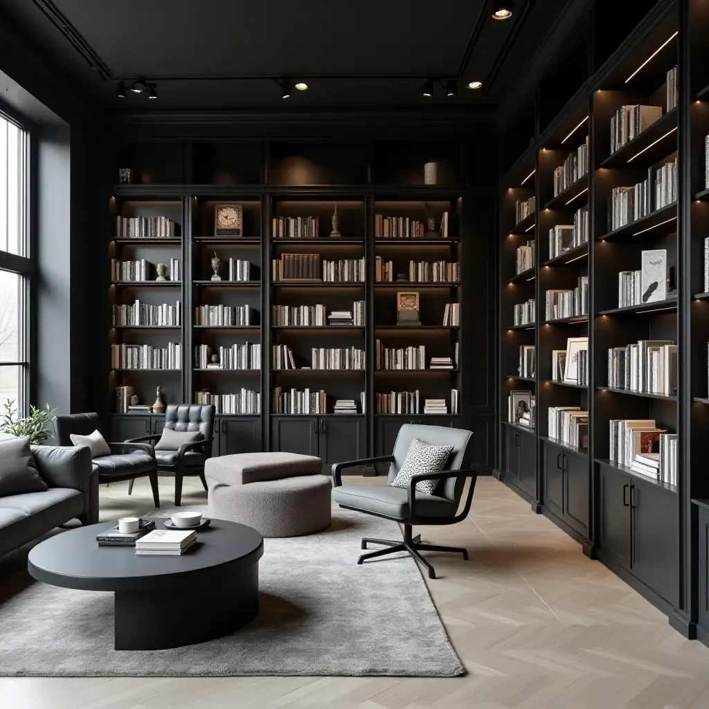 a photo of a stylish library with a monochrome color palette