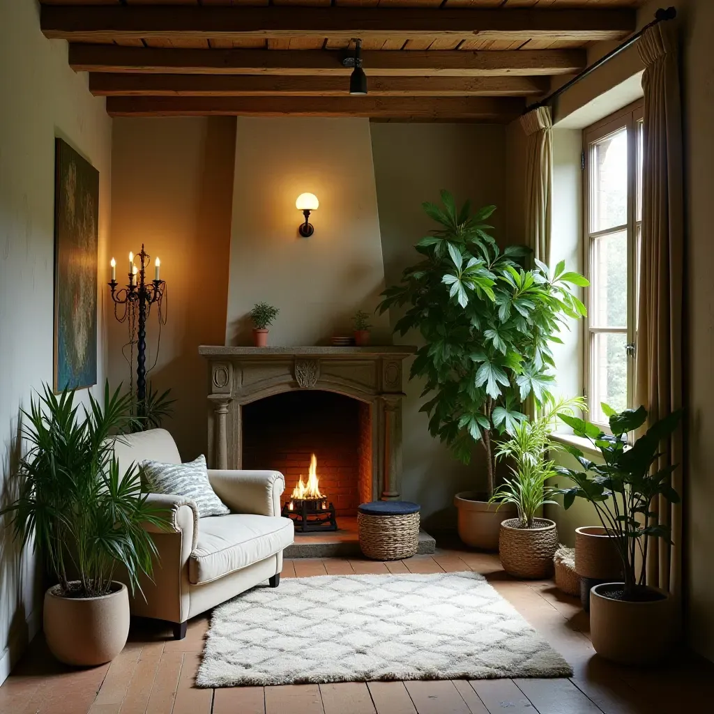 a photo of a basement with a cozy corner and potted greenery