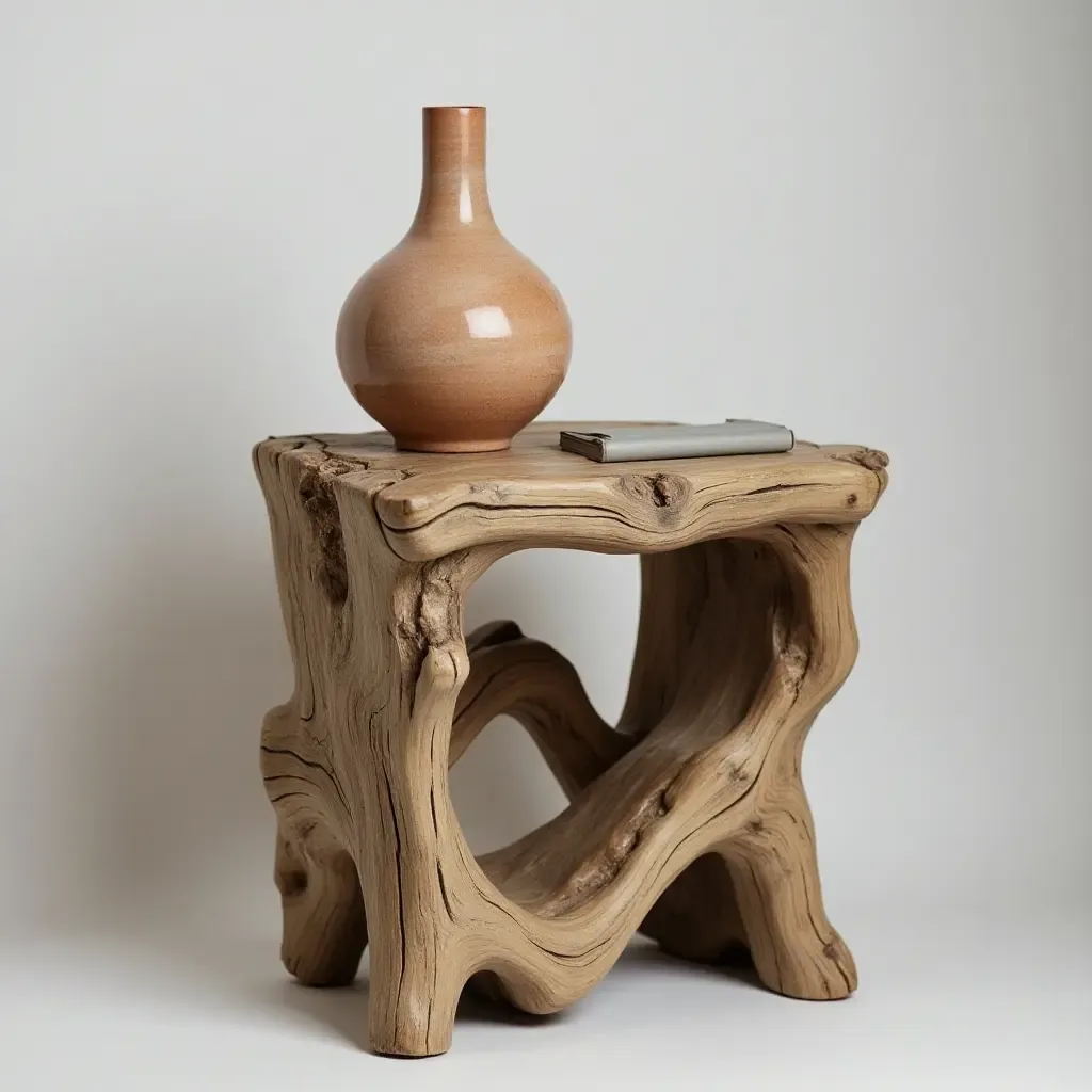 a photo of a unique bedside table made from driftwood and ceramic accents