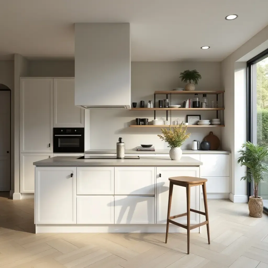 a photo of a stylish kitchen with minimalistic decor and functional layout