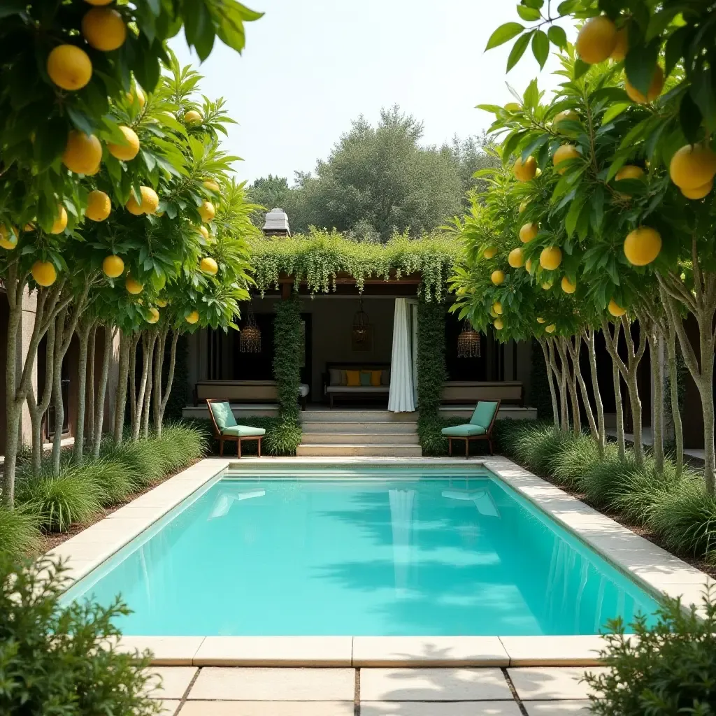 a photo of a pool surrounded by fragrant lemon trees and herbs