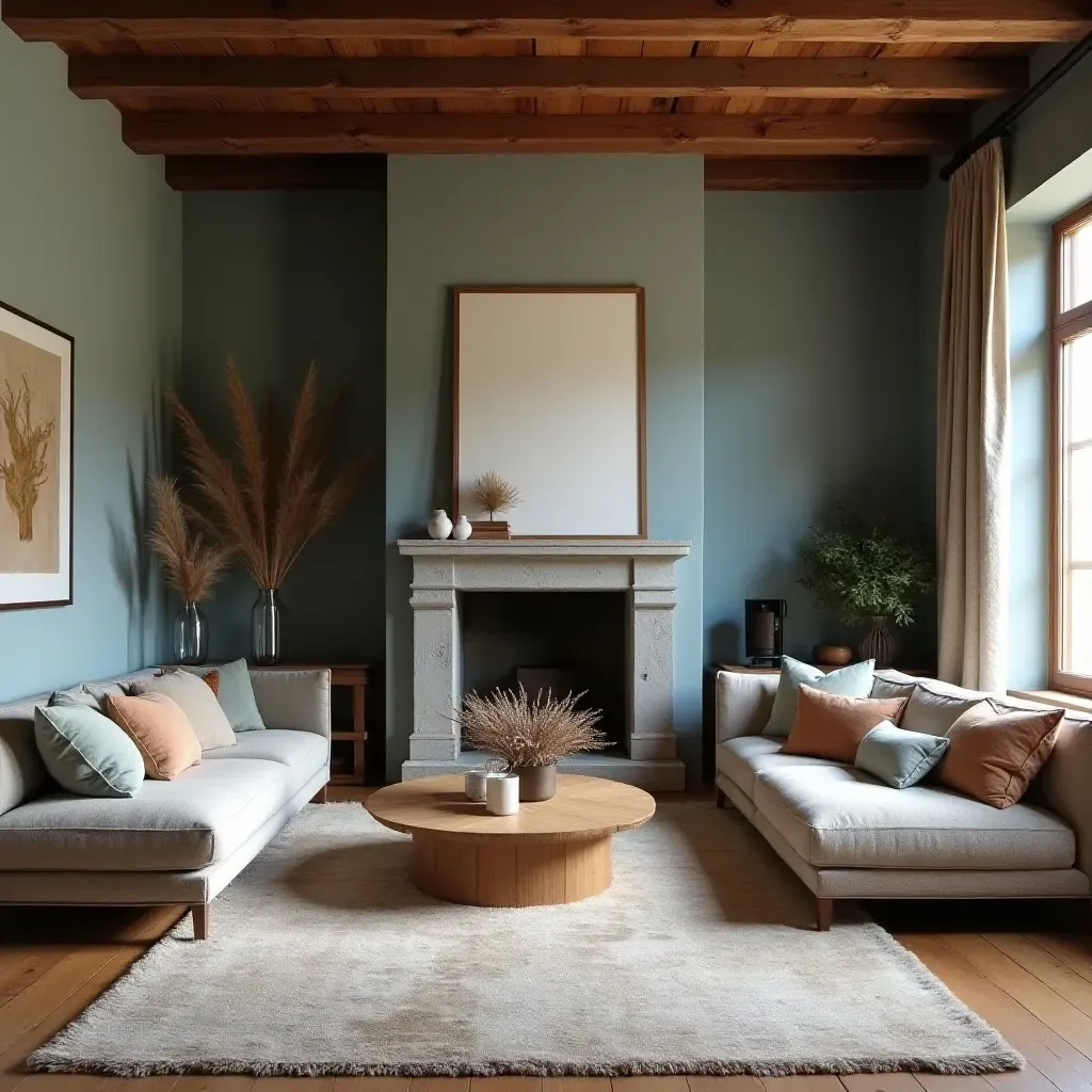 a photo of a rustic living room featuring earthy brown and sky blue