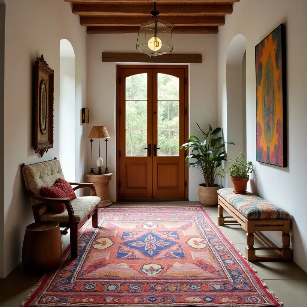 a photo of a colorful patchwork rug in a bohemian-style entrance