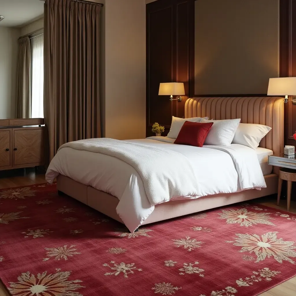 a photo of a glamorous rug under a stylish bed