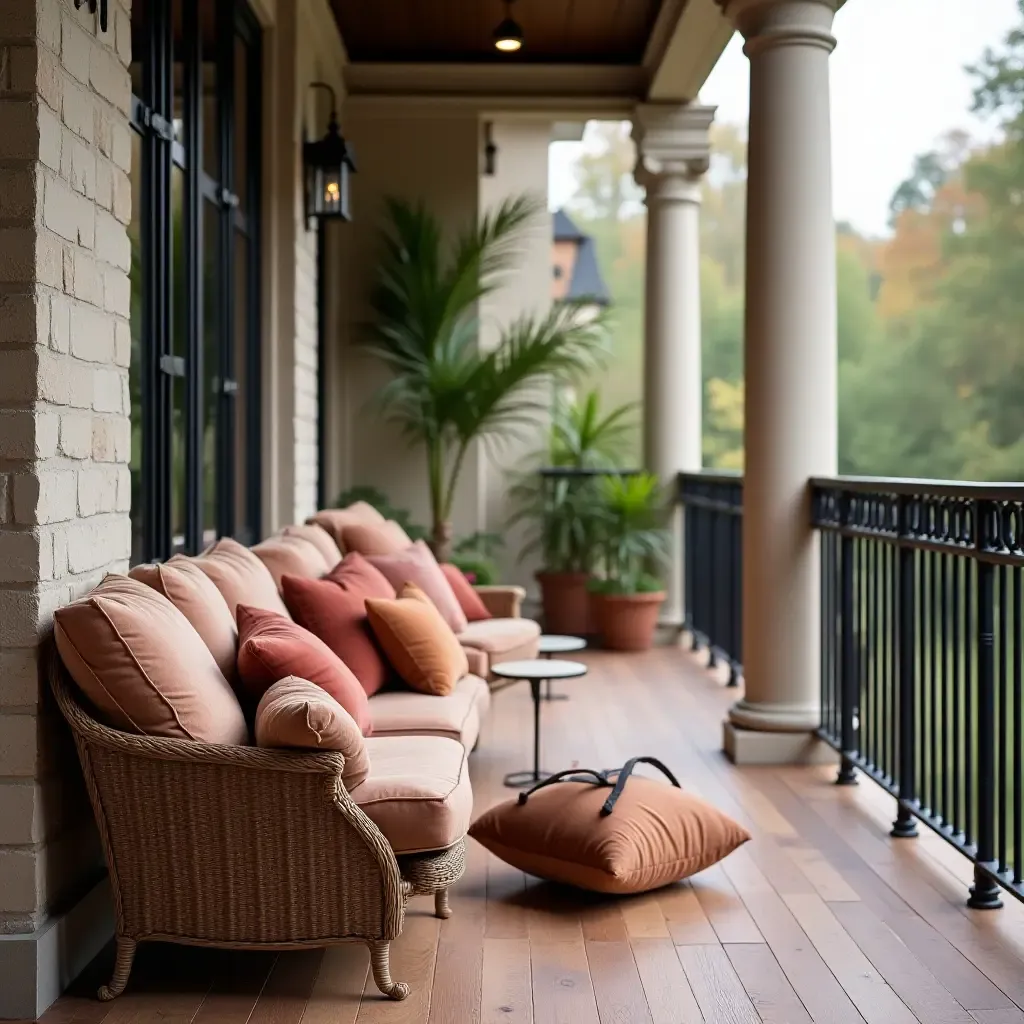 a photo of an elegant balcony with velvet throw pillows