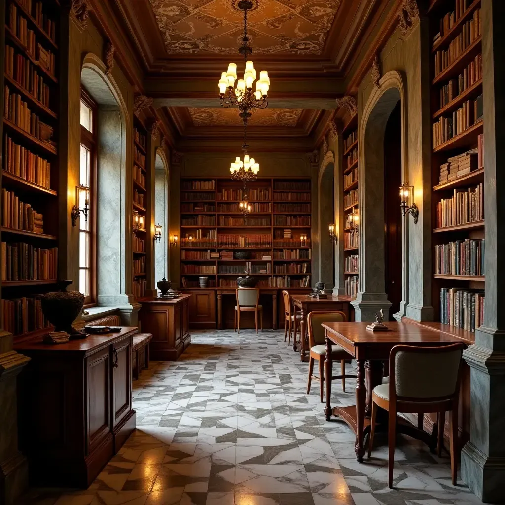 a photo of a vintage library with intricate marble details and warm lighting