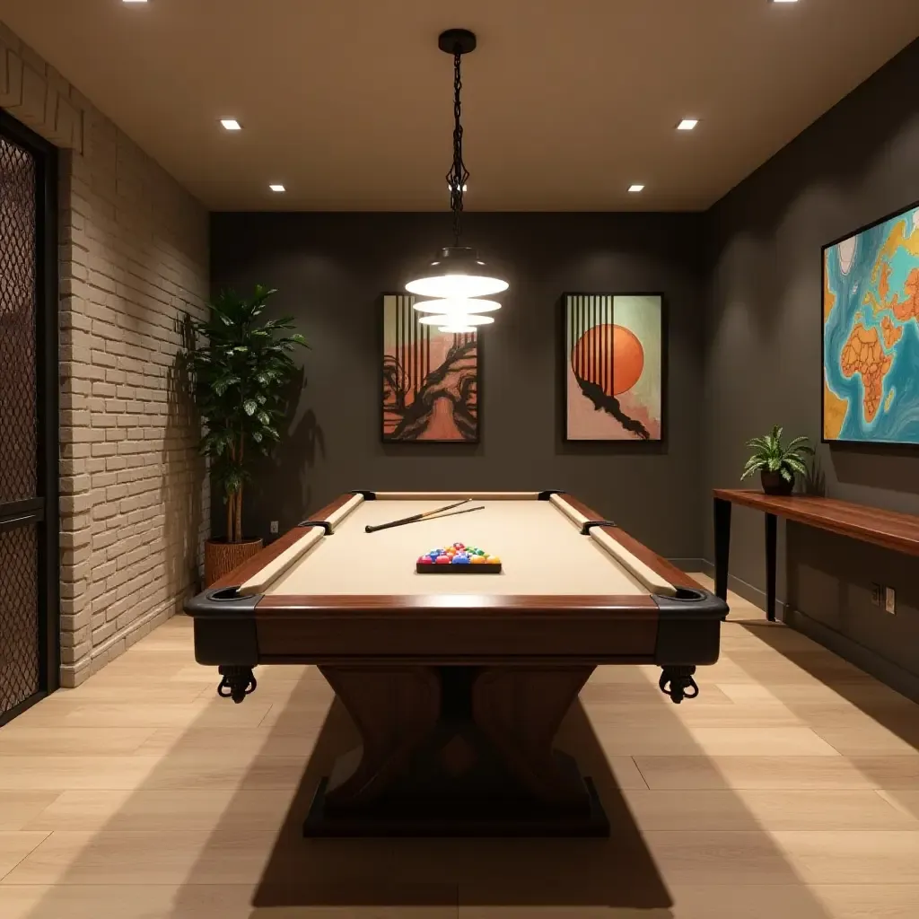 a photo of a basement game room featuring a pool table and metal accents