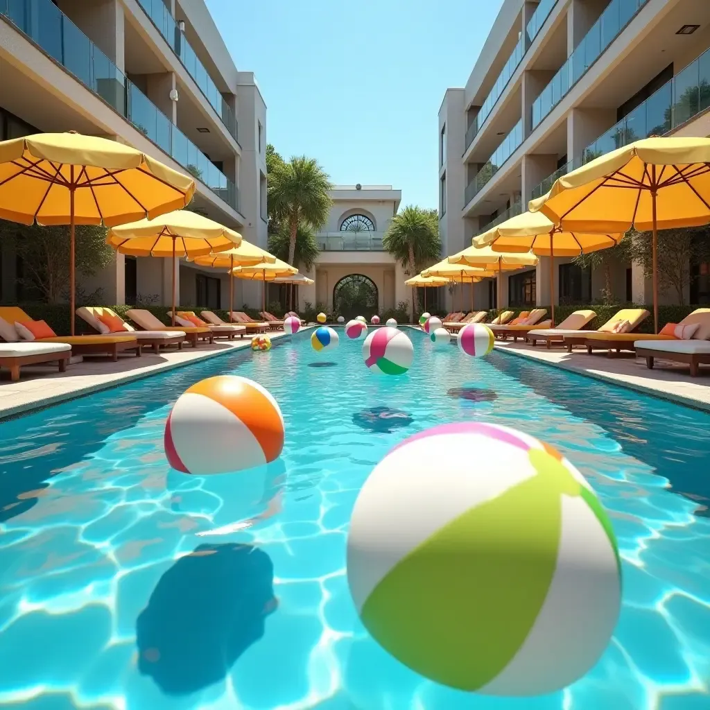 a photo of a pool area featuring oversized beach balls and colorful umbrellas