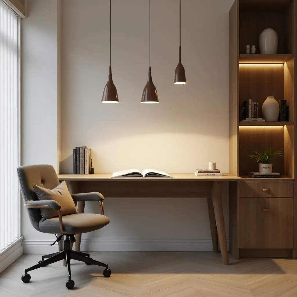 a photo of a stylish study area with pendant lighting above the desk