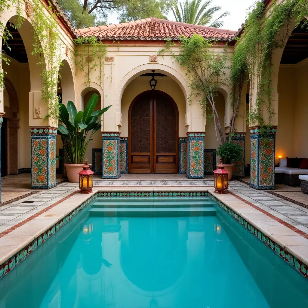 a photo of a pool area decorated with colorful ceramic tiles and lanterns