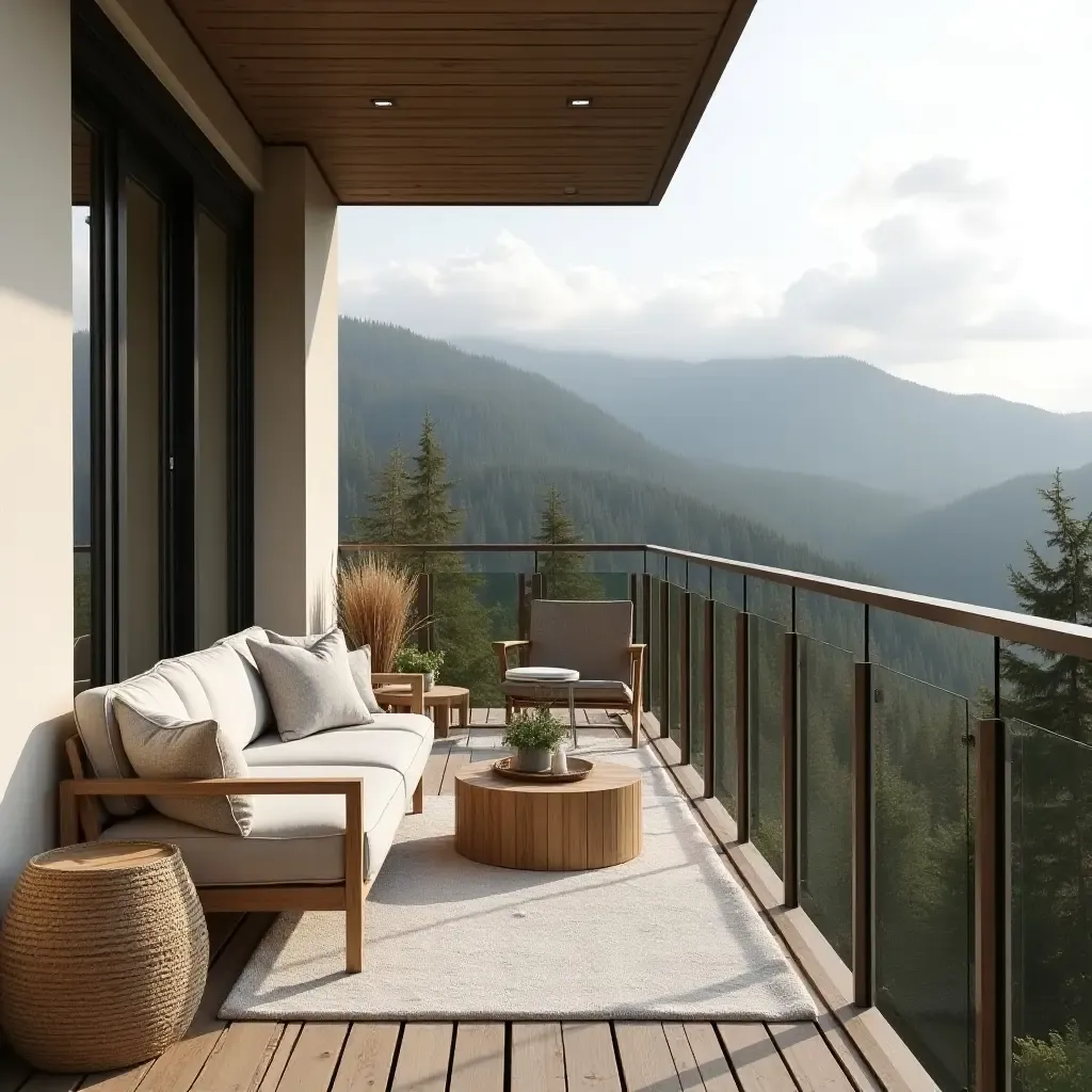 a photo of a balcony showcasing Scandinavian decor with a focus on natural materials and textures