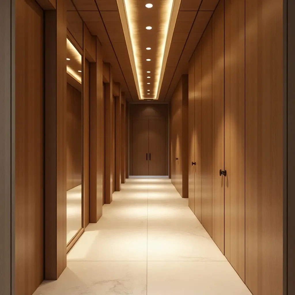 a photo of a corridor featuring wooden panels and mirrors