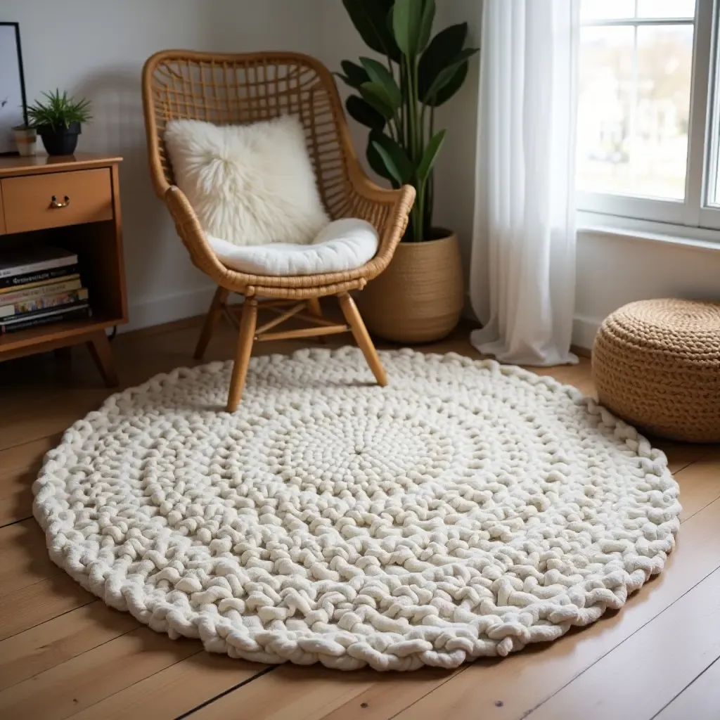 a photo of a cozy, knitted rug perfect for lounging