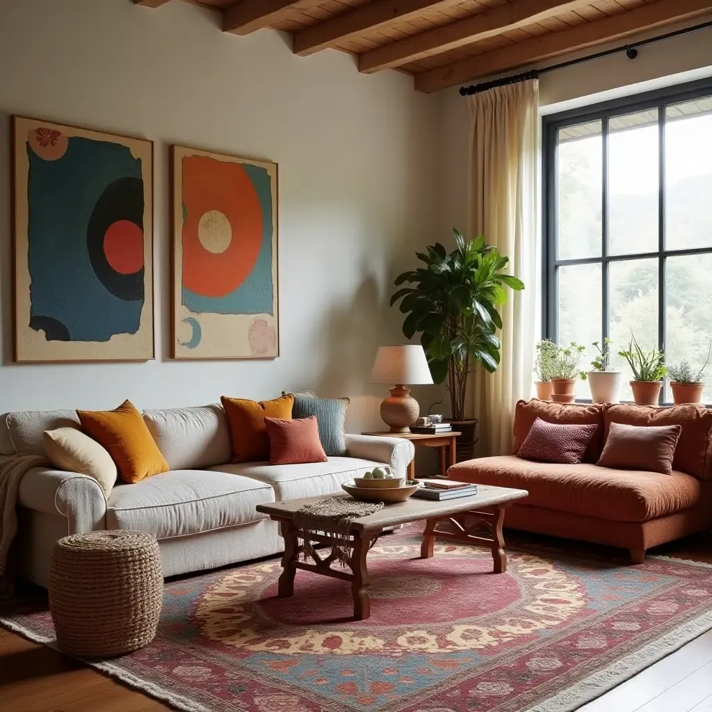 a photo of a cozy boho living room with layered rugs and vibrant cushions