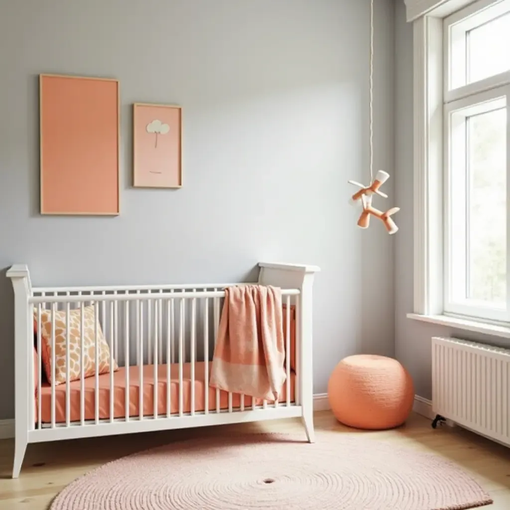 a photo of a nursery featuring light gray and vibrant orange