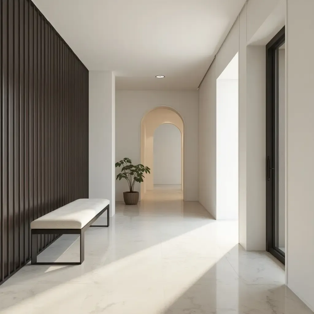 a photo of a modern entrance hall with a sleek minimalist bench