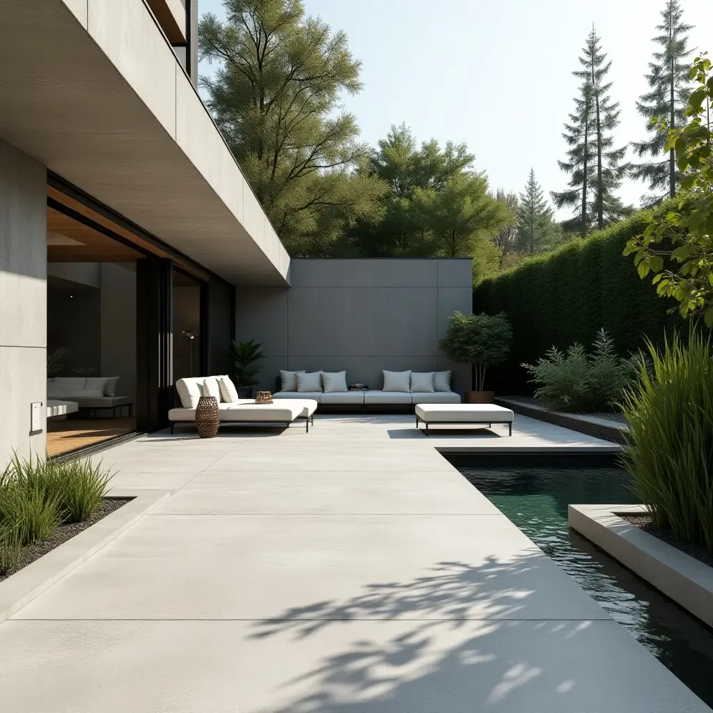 a photo of a minimalist concrete patio with a water feature and contemporary furniture