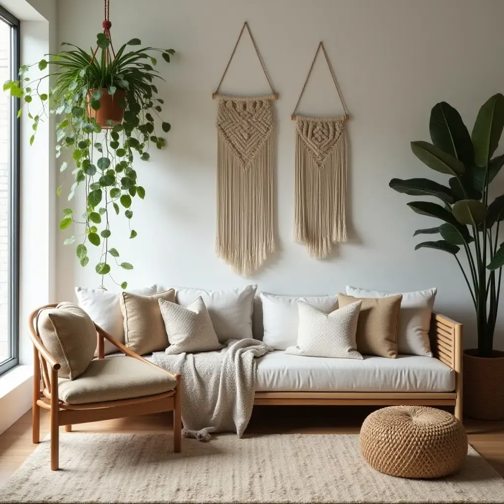 a photo of a modern boho space with hanging plants and macramé details