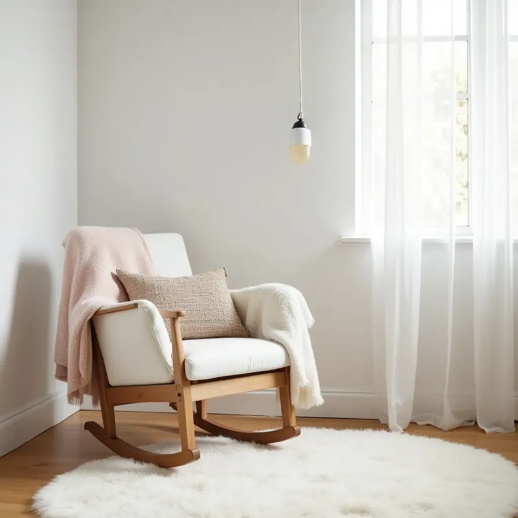 a photo of a tranquil nursery with a rocking chair and cozy blankets