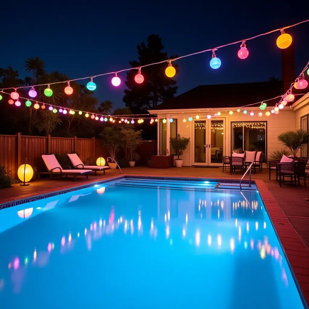 a photo of a vibrant pool area adorned with colorful string lights