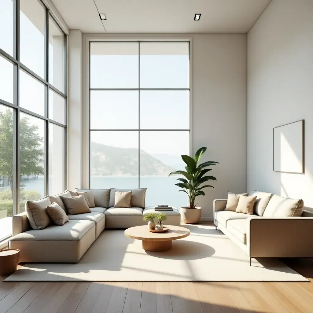 a photo of a bright living room with large windows and airy layout