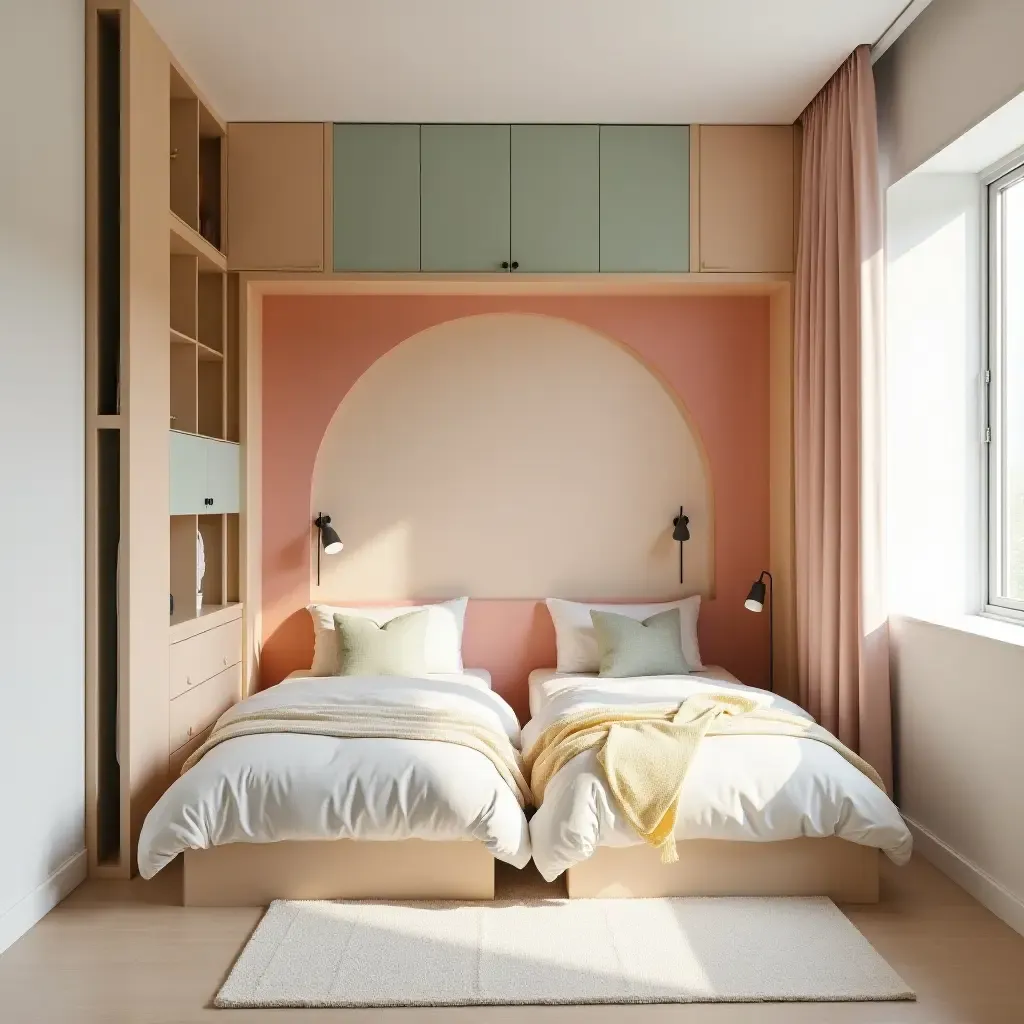 a photo of a minimalist shared bedroom with built-in storage and a playful color scheme