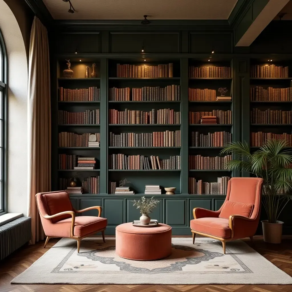 a photo of a serene library featuring vintage decor and modern architectural elements