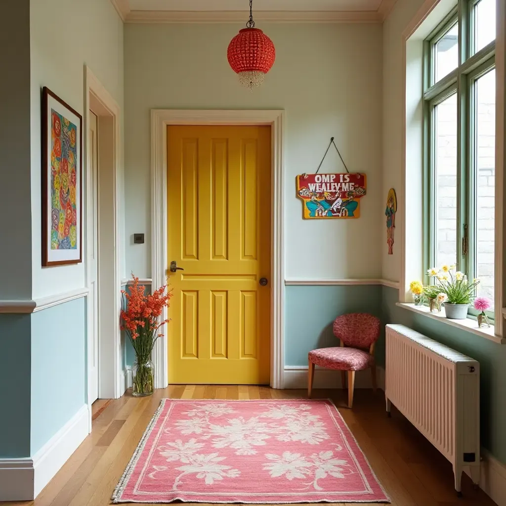 a photo of a whimsical entrance hall with a colorful welcome sign and playful decor