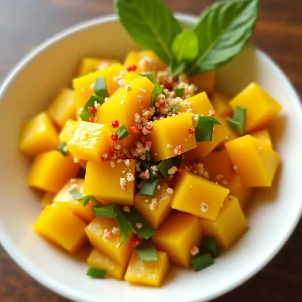 a photo of a vibrant Thai mango salad with fresh herbs and chili flakes.