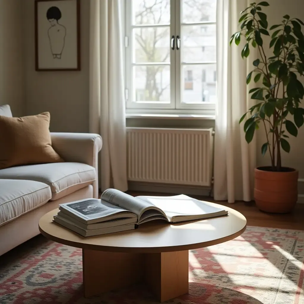 a photo of a reading nook with a coffee table stacked with magazines