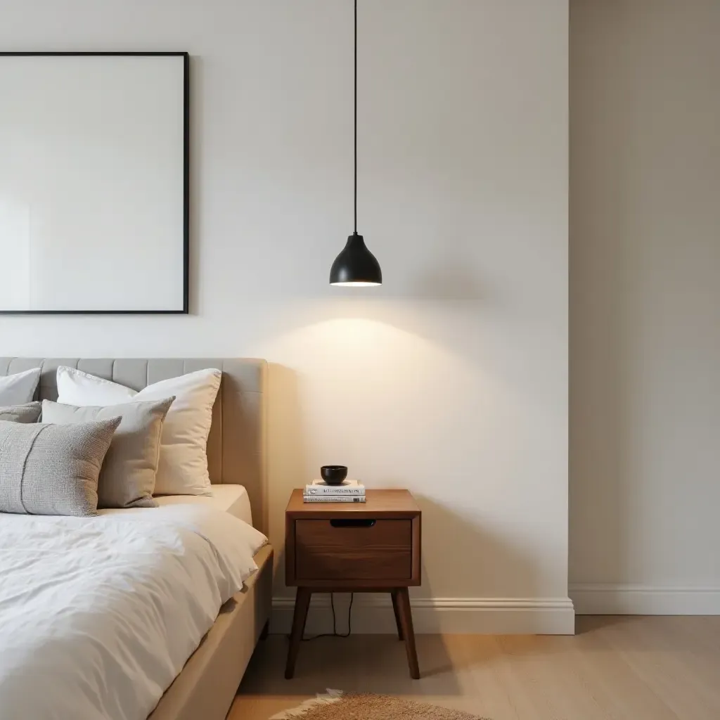 a photo of a minimalist bedroom with a vintage side table and contemporary lighting