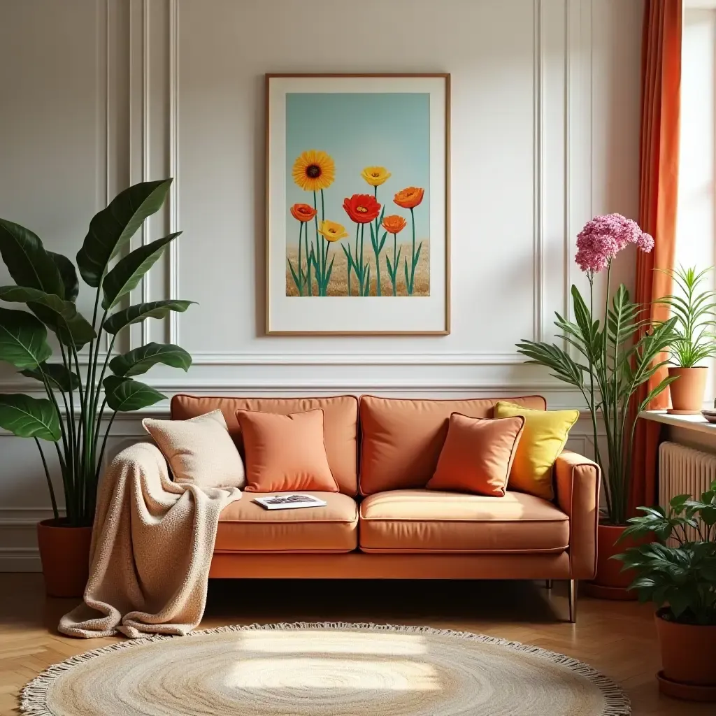 a photo of a colorful living room with potted flowers